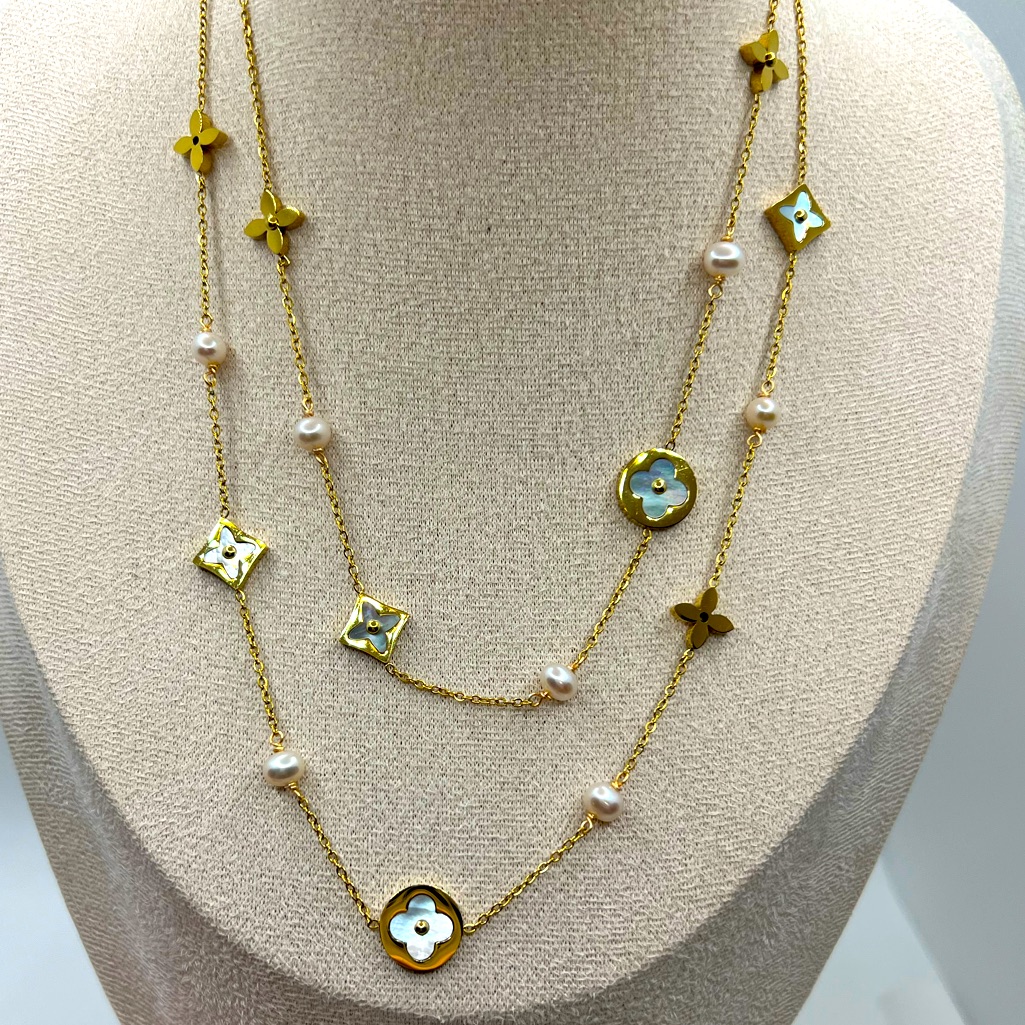 N350 Clover Blue Gray Mother Of Pearl Necklace 18k Yellow Gold Stainless Steel